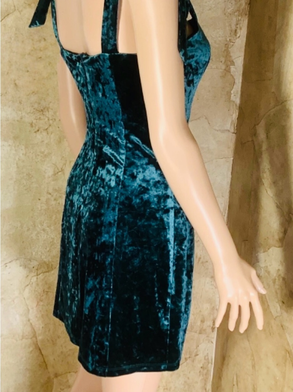 Forever 21 Velvet Tie-Shoulder Bodycon Mini Dress in Teal - Size S - Picture 4 of 11